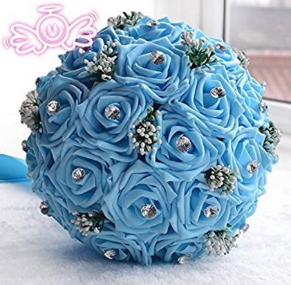 Bouquet azzurro con strass e fiocco artificiale | Grandi Sconti | Bouquet sposa, composizioni con fiori sintetici