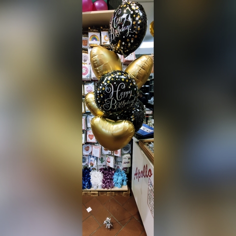 Composizione di palloncini happy birthday nero e oro