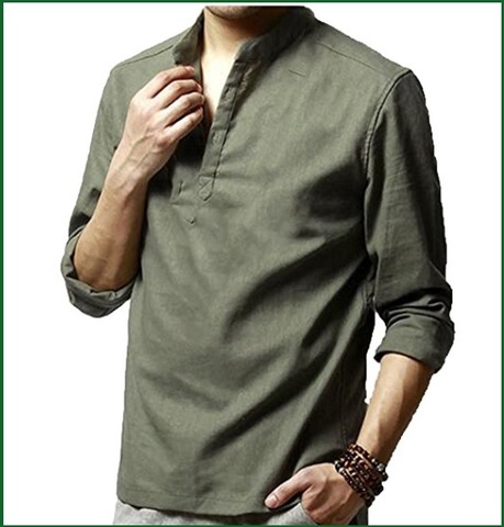 Camicia lino verde con collo coreana | Grandi Sconti | Camicie coreana