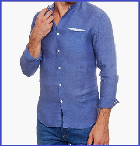 Camicia Uomo Lino Collo Coreana Di Colore Blu
