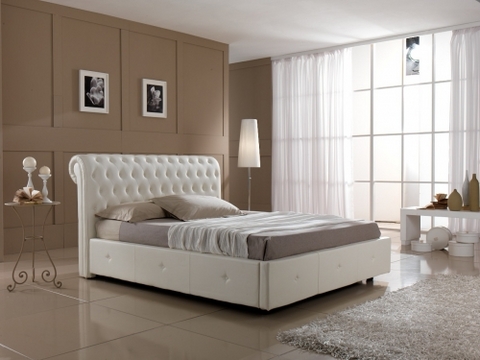 Letto imbottito con contenitore in ecopelle beige roma