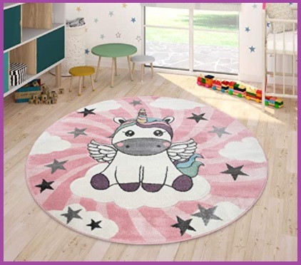 HomebyHome Tappeto a pelo corto per bambini per cameretta dei bambini dimensioni: 120 x 170 cm motivo: unicorno colore grigio e rosa 